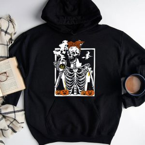 Skeleton Messy Bun Coffee Drinking Halloween Costume Women Hoodie 7 1