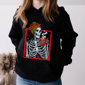 Womens Halloween Shirts Skeleton Messy Bun Coffee Drinking Cool Hoodie 4