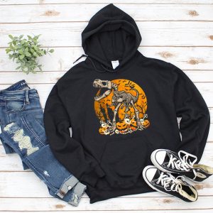 Skeleton Riding Mummy Dinosaur T Rex Kids Funny Halloween Hoodie 2 1