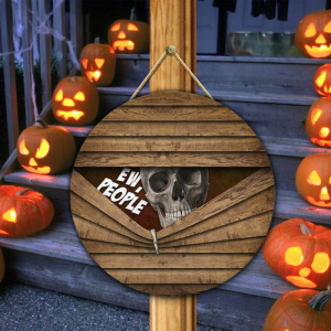 Skull Welcome Halloween Round Wood Sign