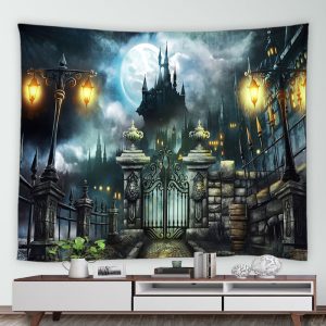Spooky Halloween Mansion With Gates Garden Tapestry