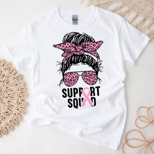 Breast Cancer Shirts Support Squad Messy Bun Leopard Pink T-Shirt 2