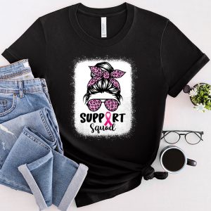 Breast Cancer Shirts Support Squad Messy Bun Leopard Pink T-Shirt 4