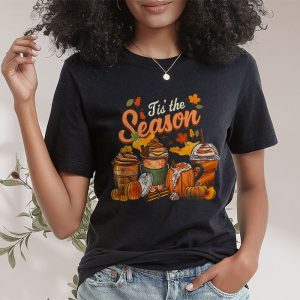 Tis The Season Pumpkin Leaf Latte Fall Thanksgiving Football T Shirt 2 4