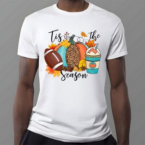 Tis The Season Pumpkin Leaf Latte Fall Thanksgiving Football T Shirt 3 5