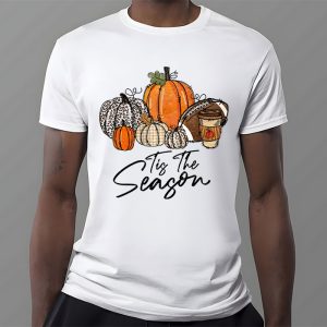 Tis The Season Pumpkin Leaf Latte Fall Thanksgiving Football T Shirt 3 6