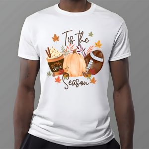 Tis The Season Pumpkin Leaf Latte Fall Thanksgiving Football T Shirt 3 7