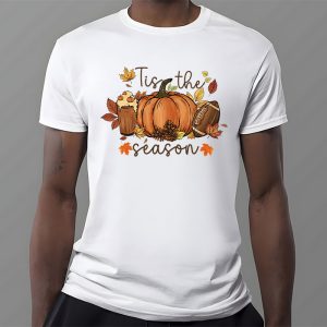 Tis The Season Pumpkin Leaf Latte Fall Thanksgiving Football T Shirt 3 9