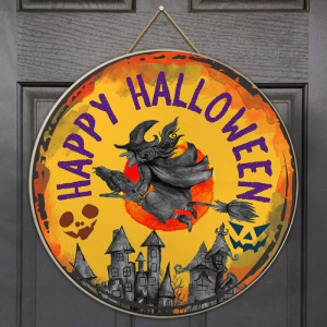 Witch Happy Halloween Round Wood Sign