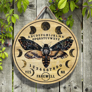 Witch Moth Ouija Board Halloween Round Wood Sign