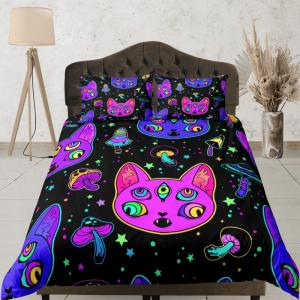 Witchy Cat And Mushroom 90s Neon Halloween Bedding Hippie Duvet Cover
