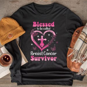 Blessed To Be Called Breast Cancer Survivor Pink Butterfly Longsleeve Tee 2 1