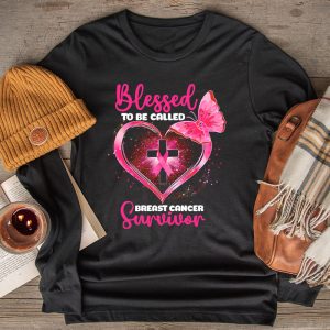 Blessed To Be Called Breast Cancer Survivor Pink Butterfly Longsleeve Tee 2 3