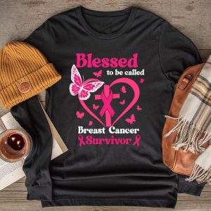 Blessed To Be Called Breast Cancer Survivor Pink Butterfly Longsleeve Tee 2