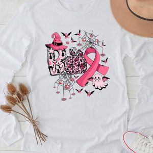 Boo Halloween Pumpkin Pink Ribbon Witch Breast Cancer Longsleeve Tee