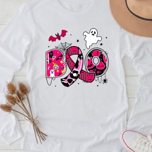 Boo Halloween Pumpkin Pink Ribbon Witch Breast Cancer Longsleeve Tee