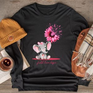 Breast Cancer Cute Elephant With Sunflower And Pink Ribbon Longsleeve Tee 2 2