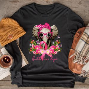 Breast Cancer Cute Elephant With Sunflower And Pink Ribbon Longsleeve Tee 2 3