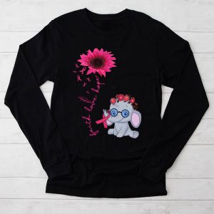 Breast Cancer Cute Elephant With Sunflower And Pink Ribbon Longsleeve Tee