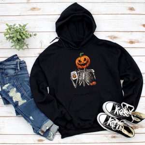 Coffee Drinking Skeleton Pumpkin Halloween Costume Women Hoodie 1 4