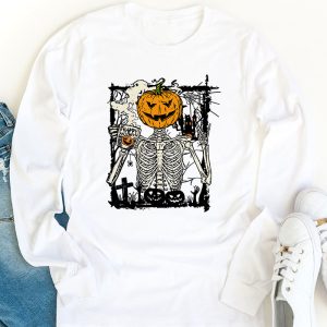 Coffee Drinking Skeleton Pumpkin Halloween Costume Women Longsleeve Tee 1 1