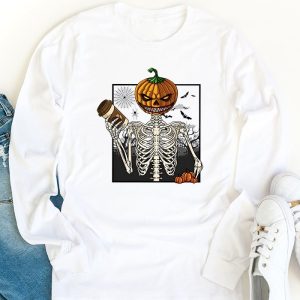 Coffee Drinking Skeleton Pumpkin Halloween Costume Women Longsleeve Tee 1 2