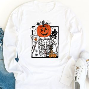 Coffee Drinking Skeleton Pumpkin Halloween Costume Women Longsleeve Tee 1 3