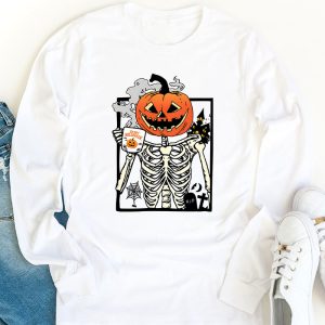 Coffee Drinking Skeleton Pumpkin Halloween Costume Women Longsleeve Tee 1