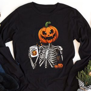 Coffee Drinking Skeleton Pumpkin Halloween Costume Women Longsleeve Tee 1 4