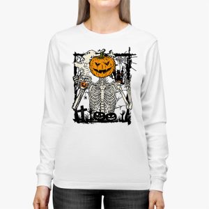 Coffee Drinking Skeleton Pumpkin Halloween Costume Women Longsleeve Tee 2 1