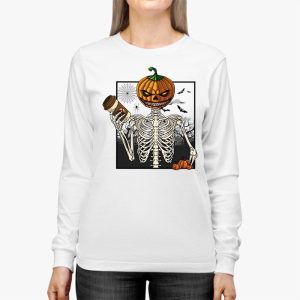 Coffee Drinking Skeleton Pumpkin Halloween Costume Women Longsleeve Tee 2 2