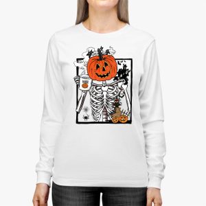 Coffee Drinking Skeleton Pumpkin Halloween Costume Women Longsleeve Tee 2 3