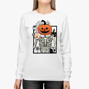 Coffee Drinking Skeleton Pumpkin Halloween Costume Women Longsleeve Tee 2