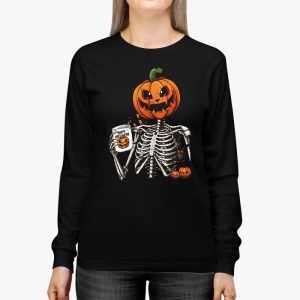 Coffee Drinking Skeleton Pumpkin Halloween Costume Women Longsleeve Tee 2 4