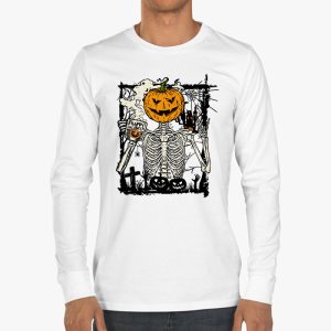 Coffee Drinking Skeleton Pumpkin Halloween Costume Women Longsleeve Tee 3 1