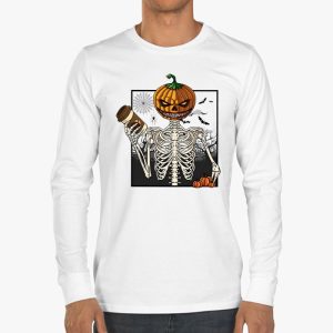 Coffee Drinking Skeleton Pumpkin Halloween Costume Women Longsleeve Tee 3 2