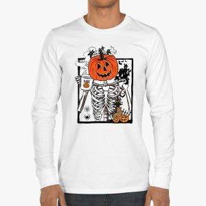 Coffee Drinking Skeleton Pumpkin Halloween Costume Women Longsleeve Tee 3 3