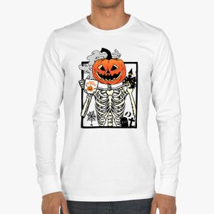 Coffee Drinking Skeleton Pumpkin Halloween Costume Women Longsleeve Tee 3