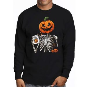 Coffee Drinking Skeleton Pumpkin Halloween Costume Women Longsleeve Tee 3 4