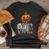 Coffee Drinking Skeleton Pumpkin Halloween Costume Women Longsleeve Tee