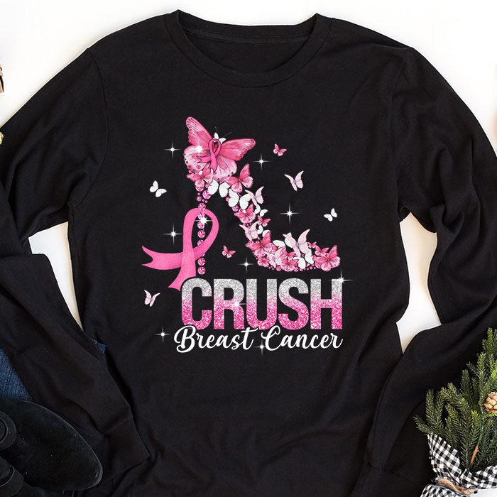 Crush Breast Cancer Pink Bling High Heels Ribbon Longsleeve Tee 1 1