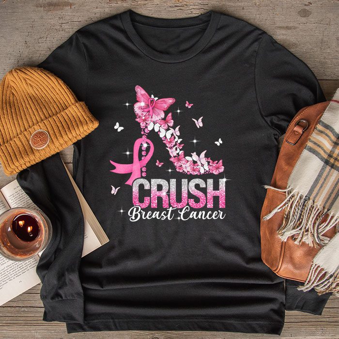 Crush Breast Cancer Pink Bling High Heels Ribbon Longsleeve Tee 2 1