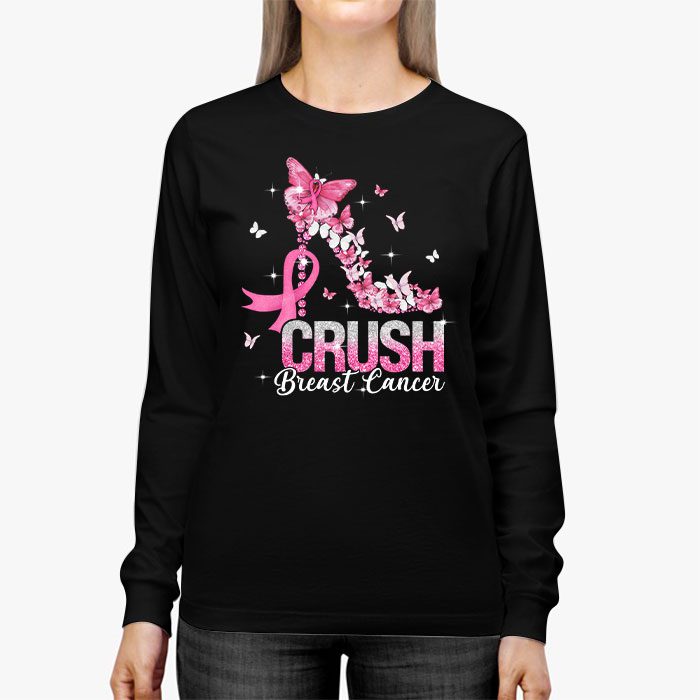 Crush Breast Cancer Pink Bling High Heels Ribbon Longsleeve Tee 3 1