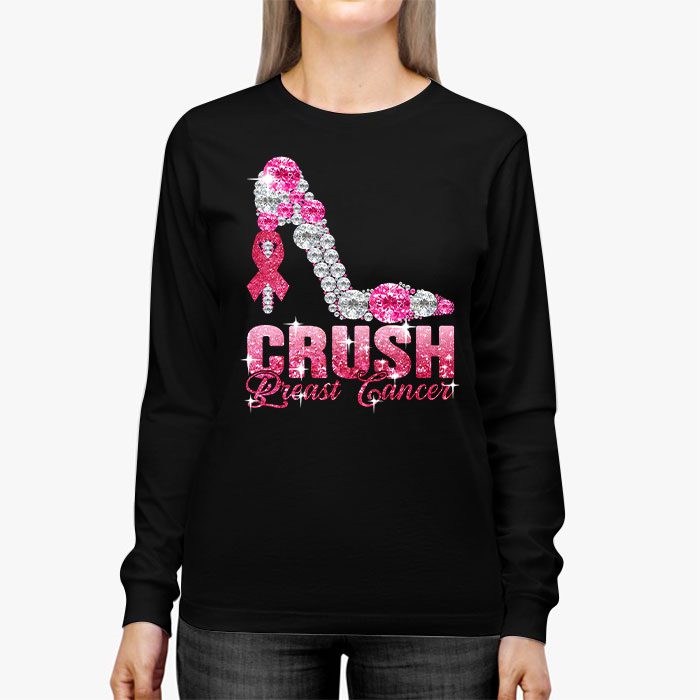 Crush Breast Cancer Pink Bling High Heels Ribbon Longsleeve Tee 3 2