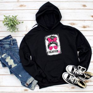 Fighter Breast Cancer Shirts Messy Bun Pink Ribbon Hoodie