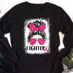 Fighter Messy Bun Breast Cancer Awareness Pink Warrior Longsleeve Tee 1 2