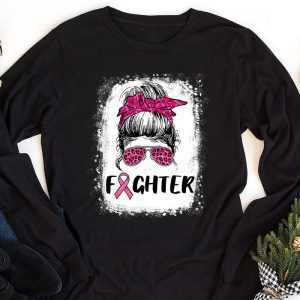 Fighter Messy Bun Breast Cancer Awareness Pink Warrior Longsleeve Tee 1 3