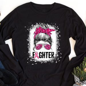 Fighter Messy Bun Breast Cancer Awareness Pink Warrior Longsleeve Tee 1 4