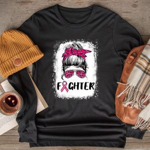 Fighter Messy Bun Breast Cancer Awareness Pink Warrior Longsleeve Tee 2 3