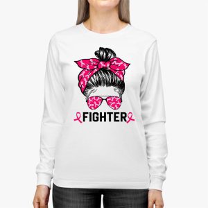 Fighter Messy Bun Breast Cancer Awareness Pink Warrior Longsleeve Tee 3